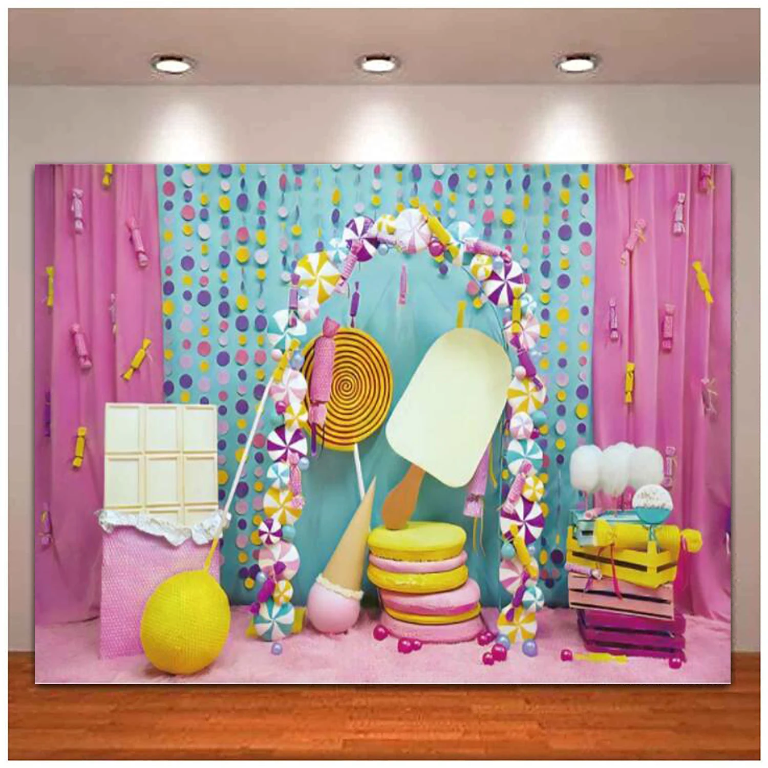 Donut Photography Backdrop Sweet Candy Shop Ice Cream Candyland Cake Smash Background For Baby Girl 1st Birthday Party Lollipop