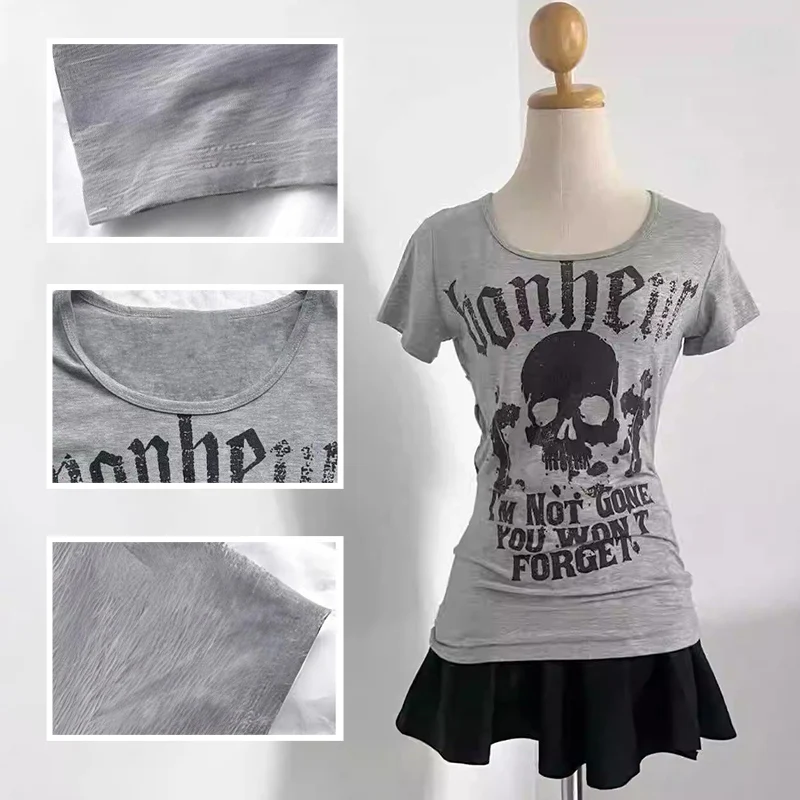 Y2K Women clothing Vintage T-shirts Skeleton Letter Print Woman Clothing American Retro Punk Slim Top Trend Gothic Pulovers Tees