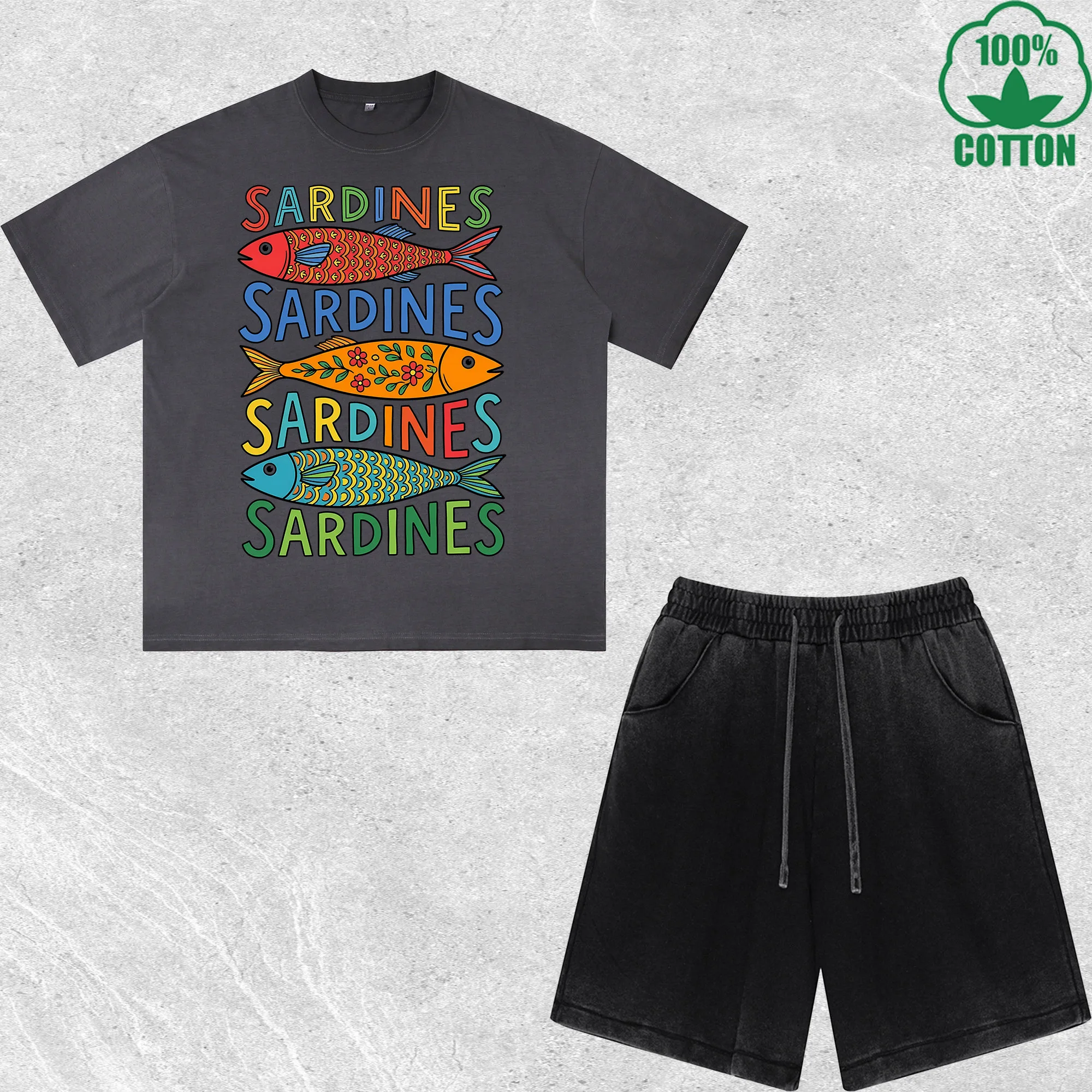 Sardines Sardines Printed Dirty Wash T-Shirt Shorts Set Combo Loose Trendy Fashionable 100%Cotton Short Value Pack
