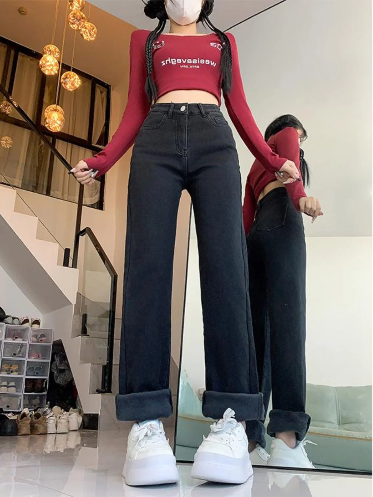 プラスサイズ Fce 裏地付きストレートレッグジーンズ レディース ハイウエスト スリムフィット パンツ 秋の新作 スレ コットンストレッチデニム