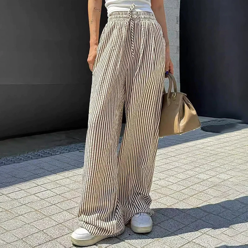 OMSJ Contrast Color High Waist Striped Drawstring Loose Straight Pants Women Casual Fashion Daily Trouser Holiday Street Bottoms