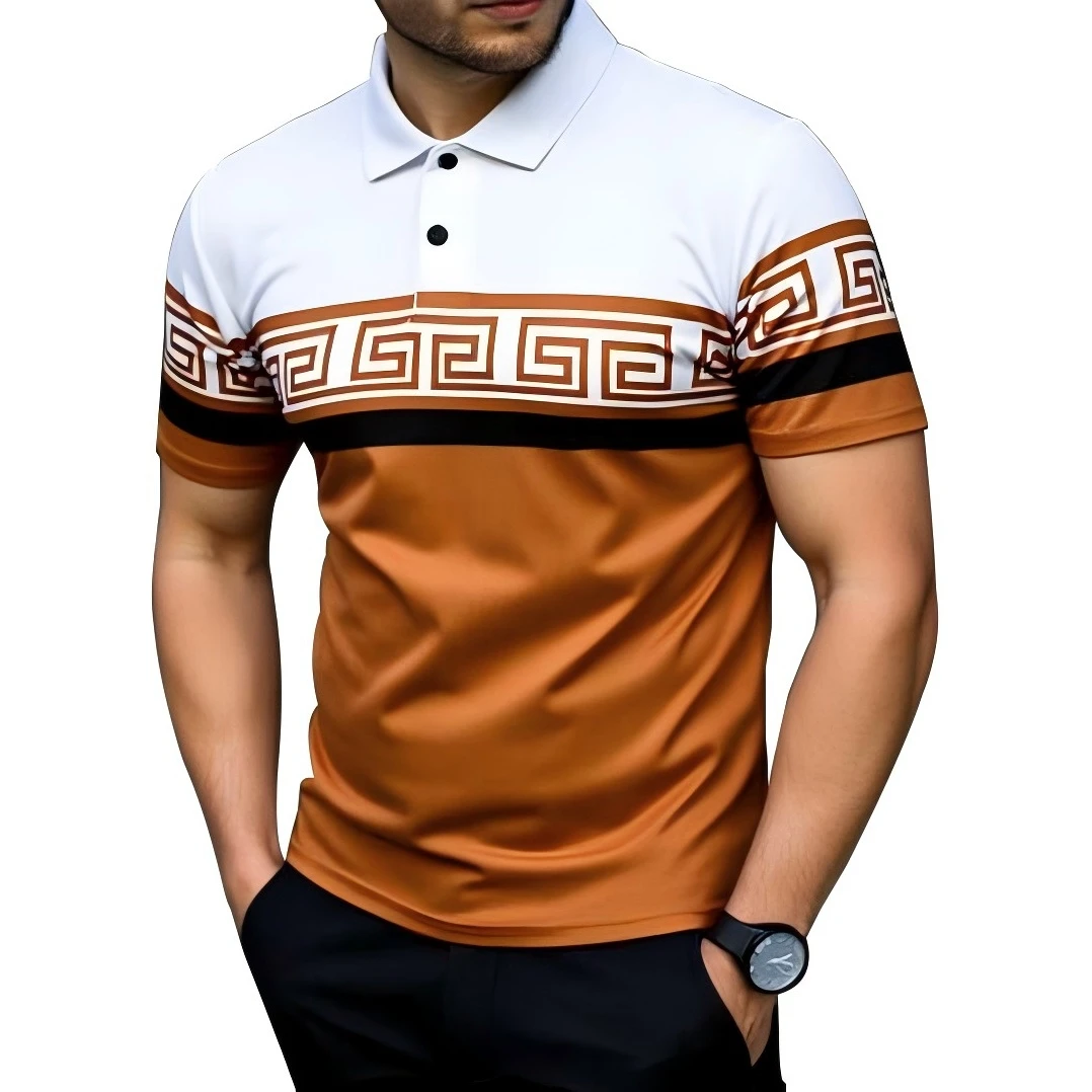 Summer New Men's Contrasting Sports T-Shirt Fashionable Ethnic Style Printed Versatile Golf Polo Shirt