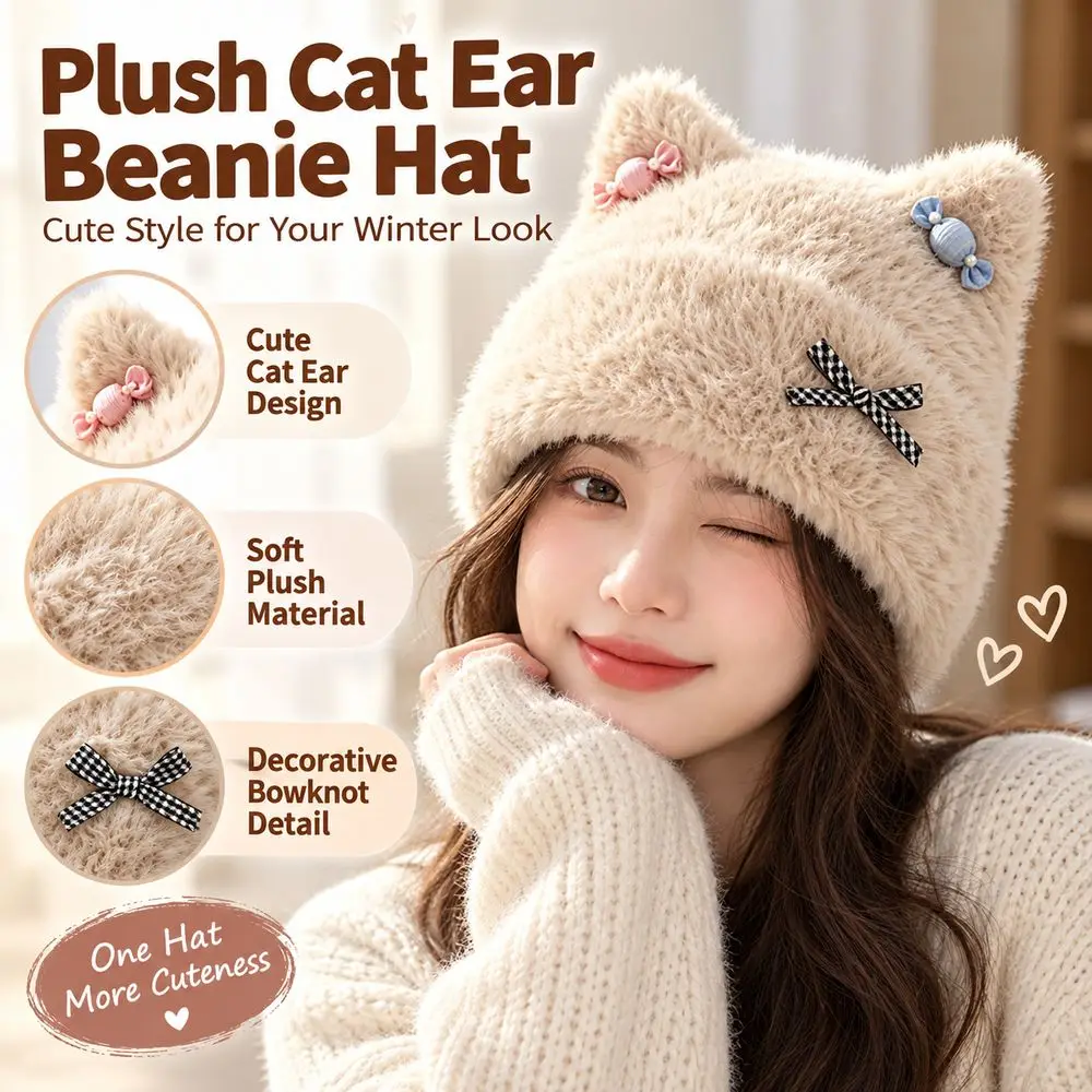 Fabric Cat Ear Beanie Soft Fuzzy Texture Warm And Cozy Beanie Hat Cat Ear Bowknot Detail Fuzzy Winter Hat Women's Beanie Cap