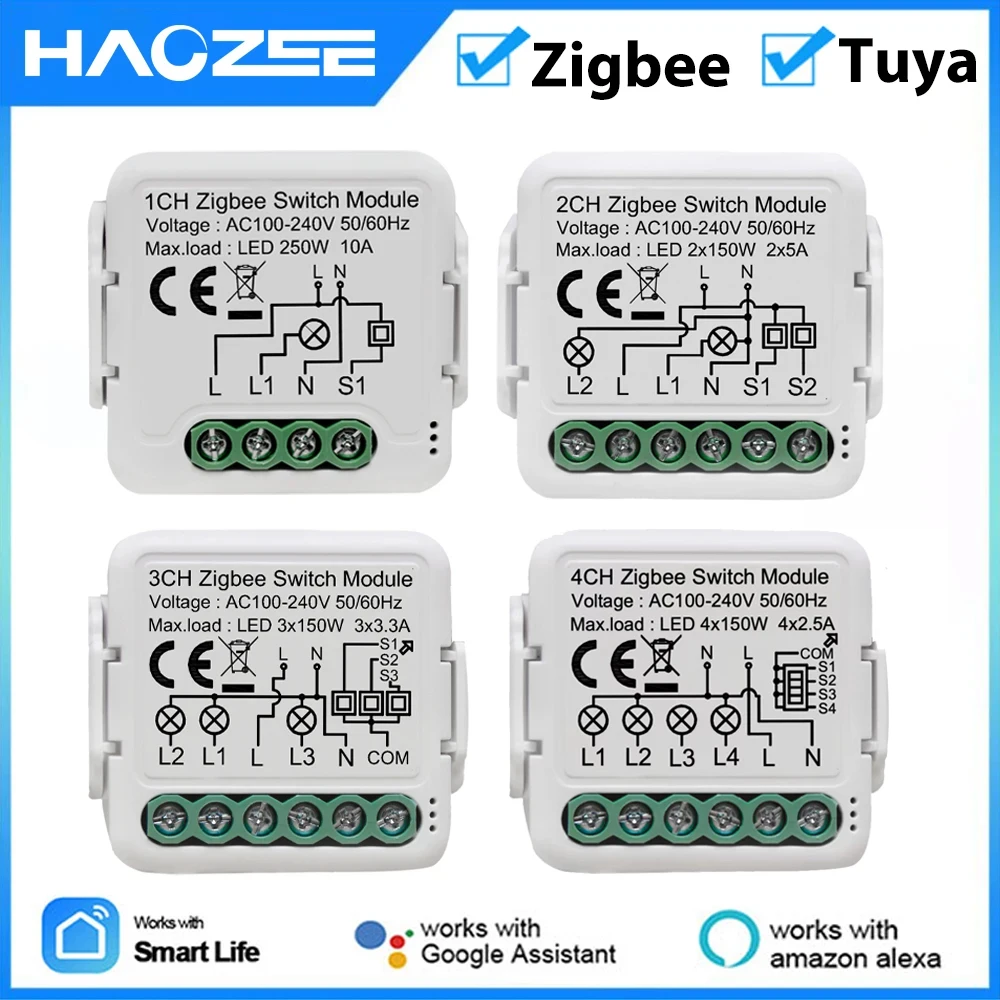 Tuya Smart Zigbee Light Switch Module 1/2/3/4 Gang Automation DIY Breaker 2 Ways Control Work with Alexa Google Home