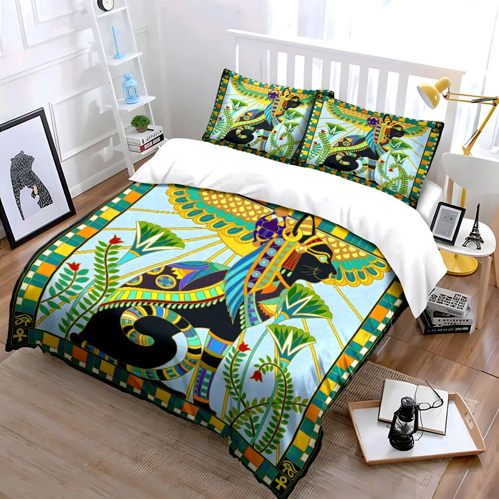 Sacred Egyptian-style Decorated Cat Printed Duvet Cover Set1 Duvet Cover+2 PillowcaseMulti Size Bedroom Bedding Decoration