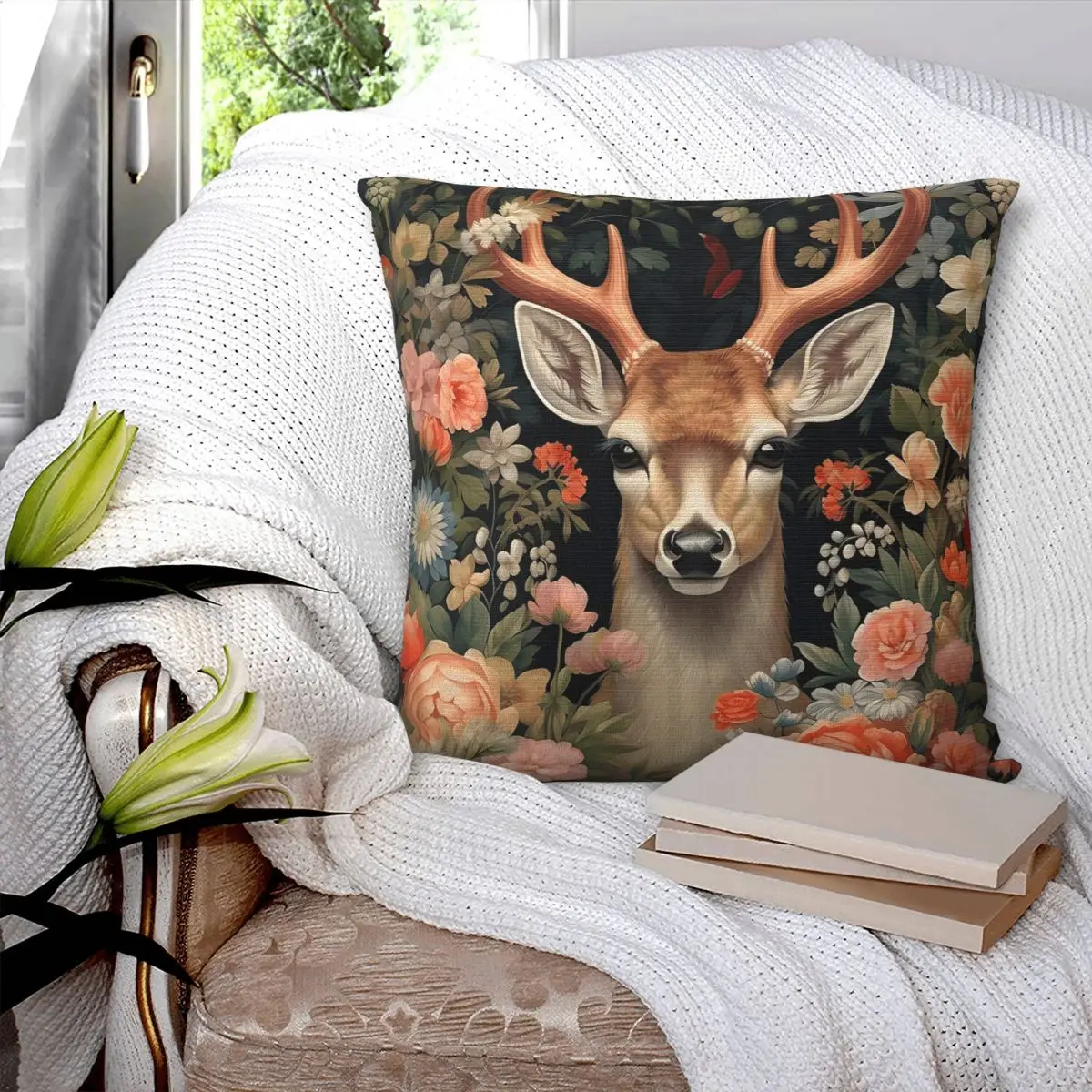 Floral Surrounded Sika Deer Print Square Pillowcase Cushion Cover Pillow Case Throw Pillow Cover for Home Sofa Living Room