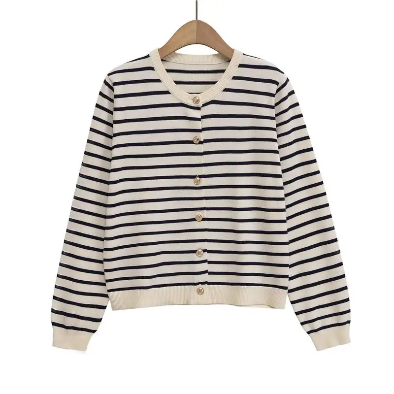 

Women's Knitted Long Sve round Ne Striped Jaet Outerwear Color Blo Autumn 2025 Faion F7986 Single Piece Thin Model