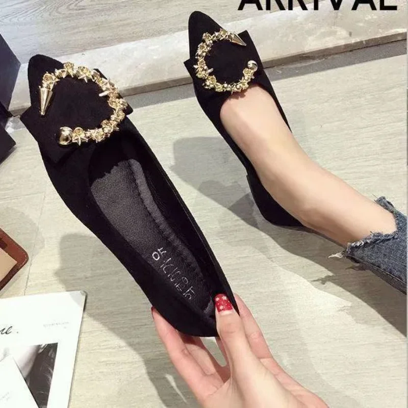 Punta a punta tacco basso calzature eleganti da donna strass fibbia diamante appartamenti neri scarpe da donna piatte con cristalli Trend L E 39