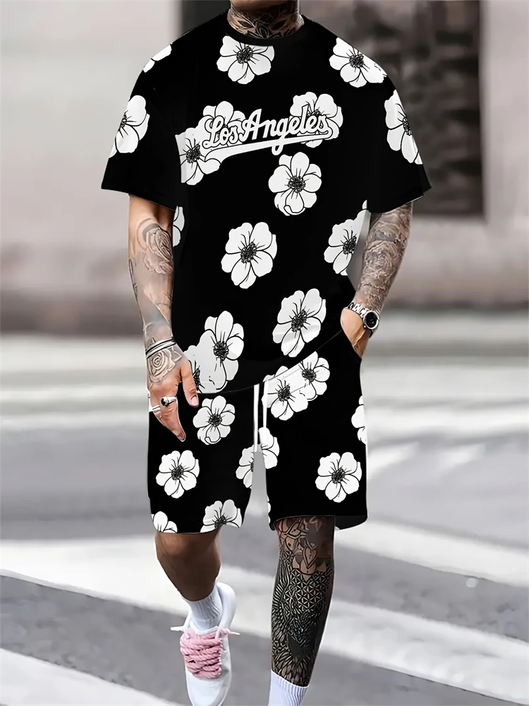 New Men's Black and White Floral Print T-Shirt and Shorts Set Round-neck Short-sleeve Top Paired with Elastic-waist Shorts Set