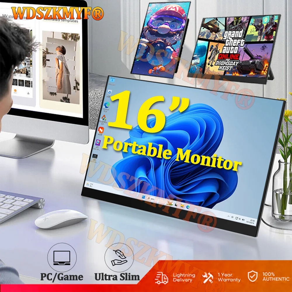 

14.1/15.6/16 inch Portable Monitor FHD 1080P IPS USB-C Mini-HDMI External Second Screen for Mac Laptop PC Switch Xbox PS4/5 Xbox