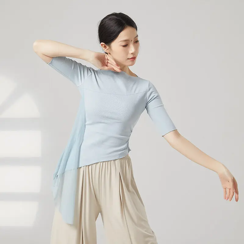 

Women Summer Top Women Dance Wear Woman Costume Dance Costume Daily Body Exercise Mesh Splicing Irregular Mid-Sleeve