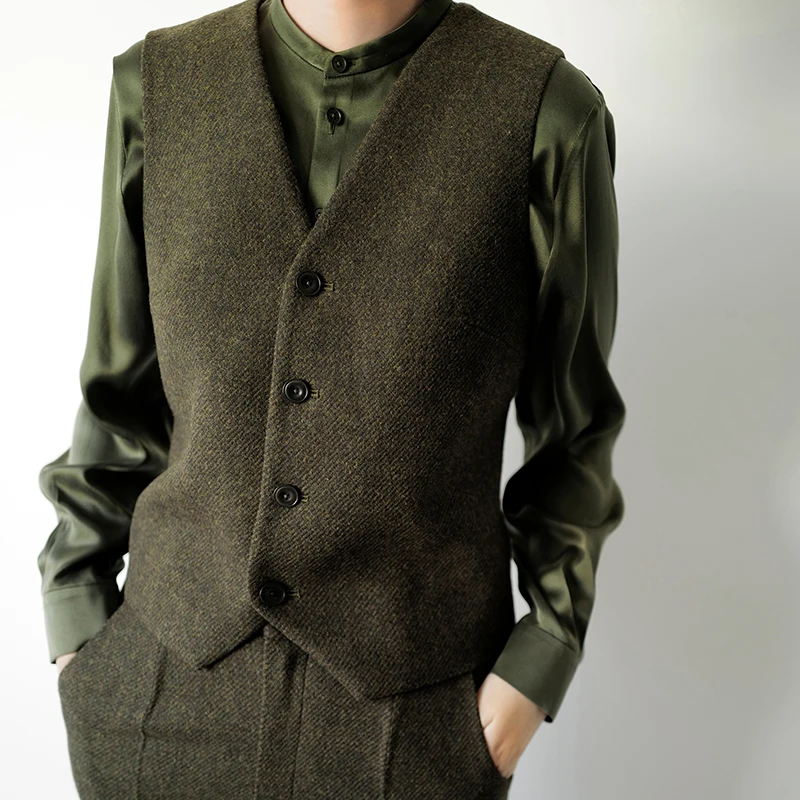 

Deep Fern een Tweed Wool Vest V-Ne Suit Jaet Original Design Single Button Closure Regular Length Pure Color Spring