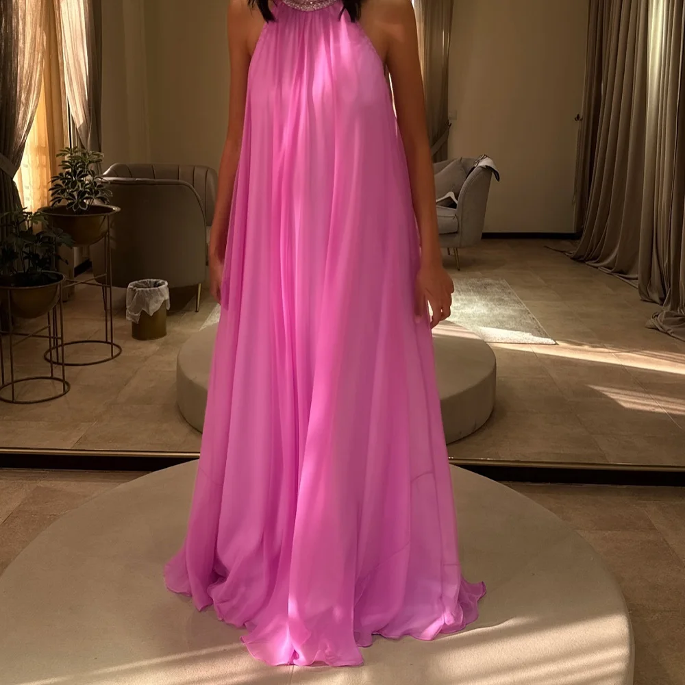 

Customized See Through Chiffon A-Line Crystal Evening Dresses Halter Sleeveless Open Back Watteau Train Bespoke Occasion Gowns