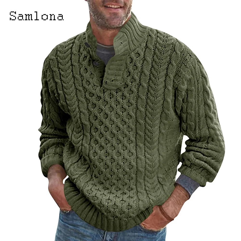 Samlona Men Knitting Sweater Mens Knitwear 2024 European Fashion Ruched Stripes Top Pullovers Solid Khaki White Sweater Hommes