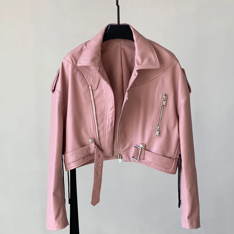 Herbst Winter Neue Schaffell Jacke Mäntel frauen Kurze Zipper Gürtel Echtes Leder Jacke Casual Coole Weibliche Dünne Lammfell Jacke