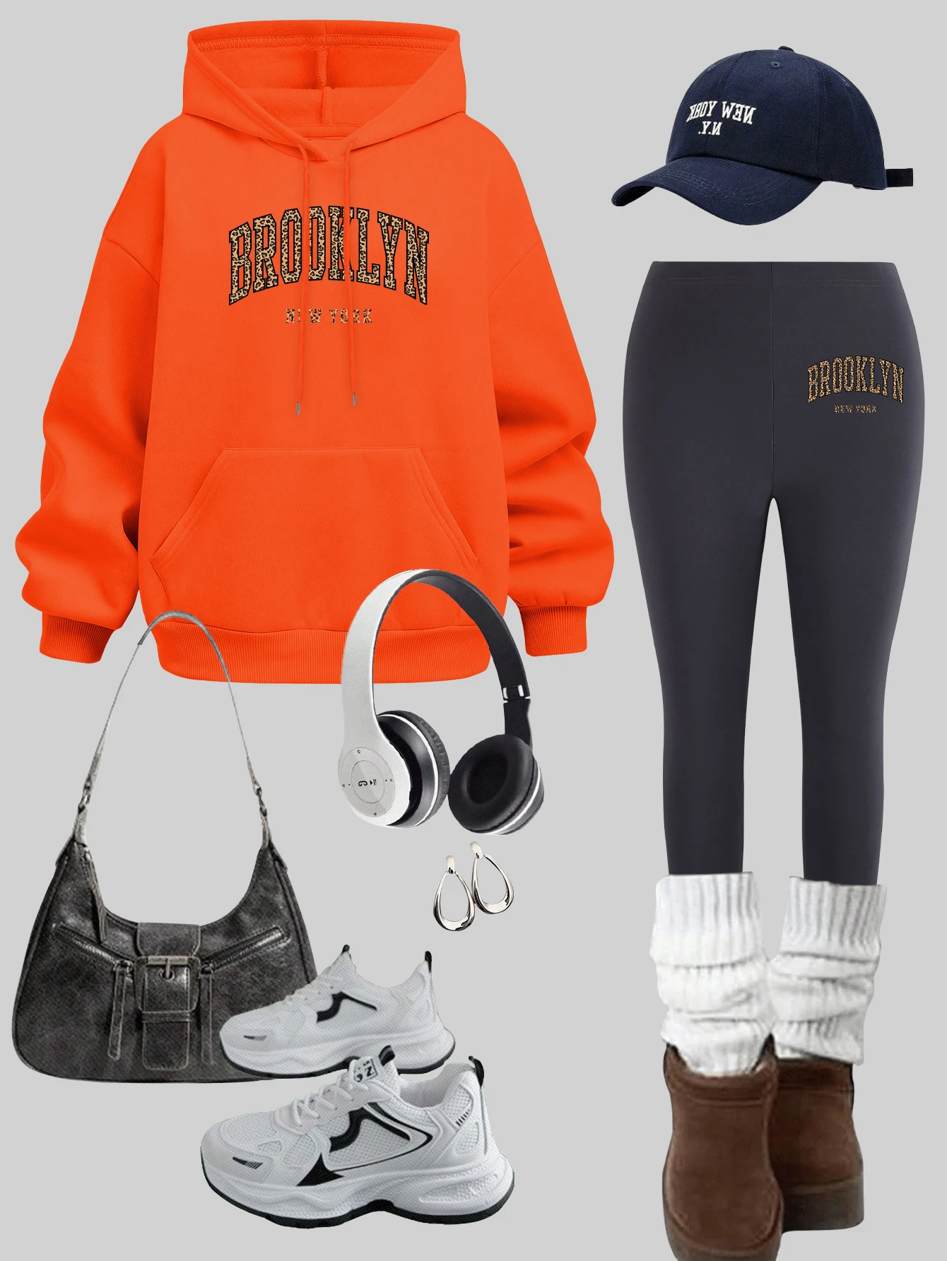 Brooklyn New York Druck Damen Hoodies Set verdicken warme Y2k Leggings Sets lose lässige Pullover Fleece Taschenkleidung