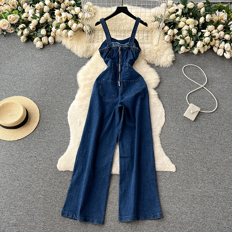 Retro spicy style camisole vest denim jumpsuit 2025 women's summer high waist slimming wide leg floor length pants