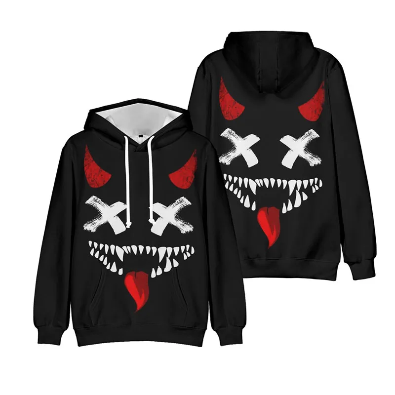 Engraçado diabo sorridente rosto 3d hoodies pulôver rua hip hop estilo masculino feminino hoodie tops de manga longa meninos meninas moletom com capuz