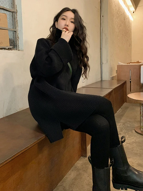 

Вязаное платье-свитер больших размеров для женщин: осенне-зимнее, свободное, скрывающее живот, средней длины, визуально стройнящее