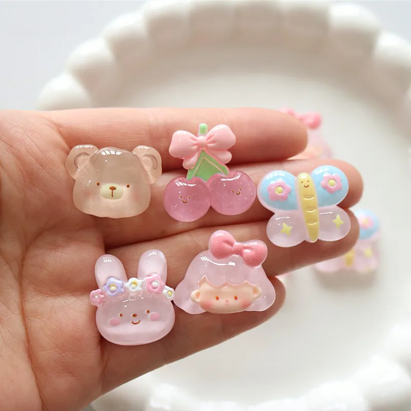 10pcs Cartoon Transparent Resin Cherry Girl Butterfly Jewelry Decorative Accessory DIY Handmade Mobile Phone Case Decoration