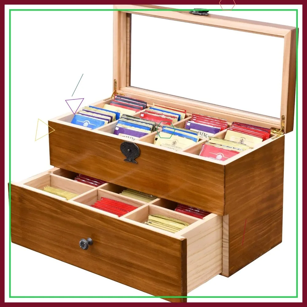 Large Wooden Tea Storage Box with Clear Window, 2-Layer 14 Compartments Organizer for Tea Bags and More