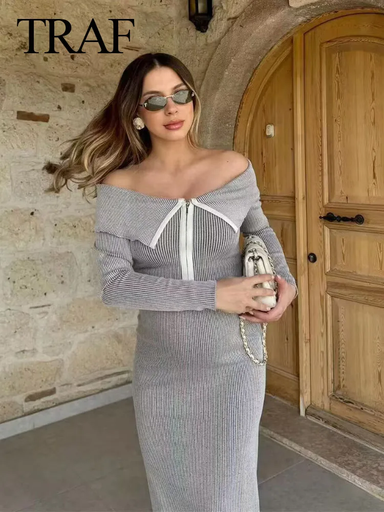 TRAF 2024 Spring Woman's Sets Turn-Down Collar Long Sleeves Zipper Cardigan Top + High Waist Chic Elegant Slim Female Long Skirt