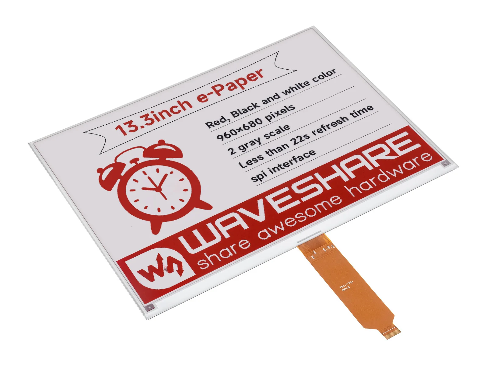 13.3inch e-Paper (B),Raw display,960×680 Pixels, Red / Black / White, SPI Communication, Without PCB and Driver HAT