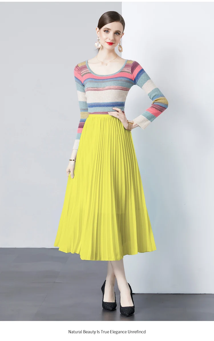Age Reducing Slimming Simple and Versatile Knitted Top+chiffon Pleated Skirt Two-piece Set Three Bedroom Autumn Women's Clothing image 6