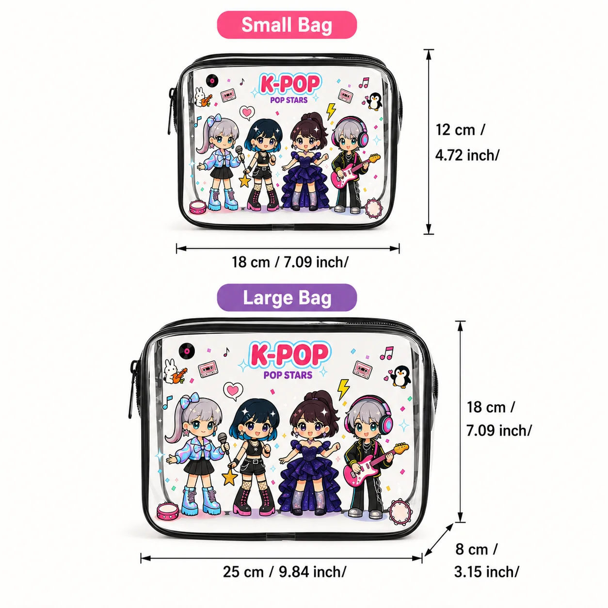Clear Cosmetic Bag Cute Kpop Cartoon Transparent Storage Bag for Travel Toiletries Makeup Organizer Waterproof Zipper Pouch