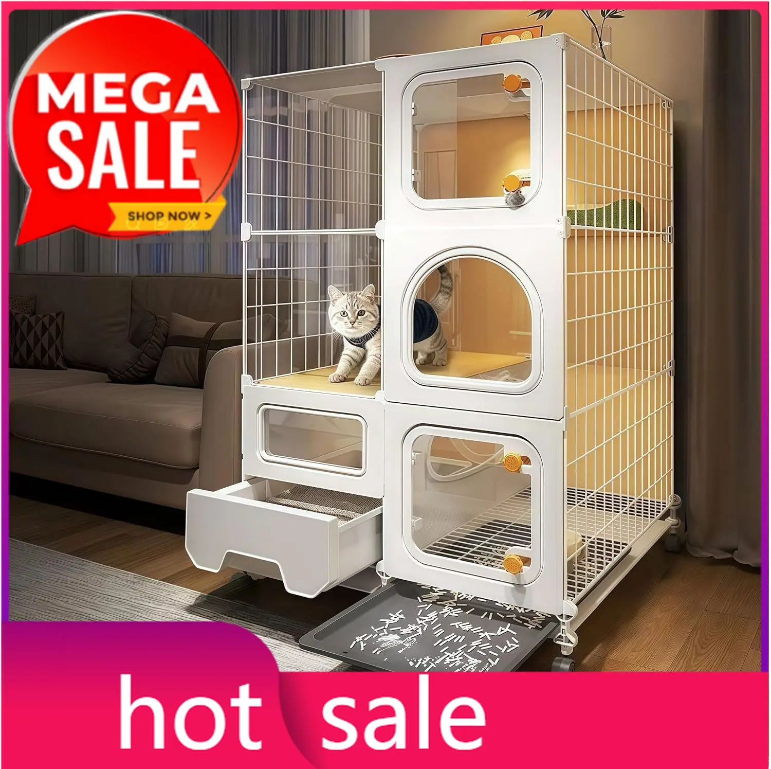 

Indoor cat cage with Litter Box, Complimentary Cat Bed, Bow,lcat House with Wheels Outdoor,Large cat Villa Playpen, Small Animal