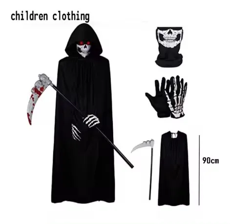 

2025 Halloween cosplay costume: Grim Reaper, terrifying skeleton costume for children, adult Grim Reaper, ghost robe, and sickle