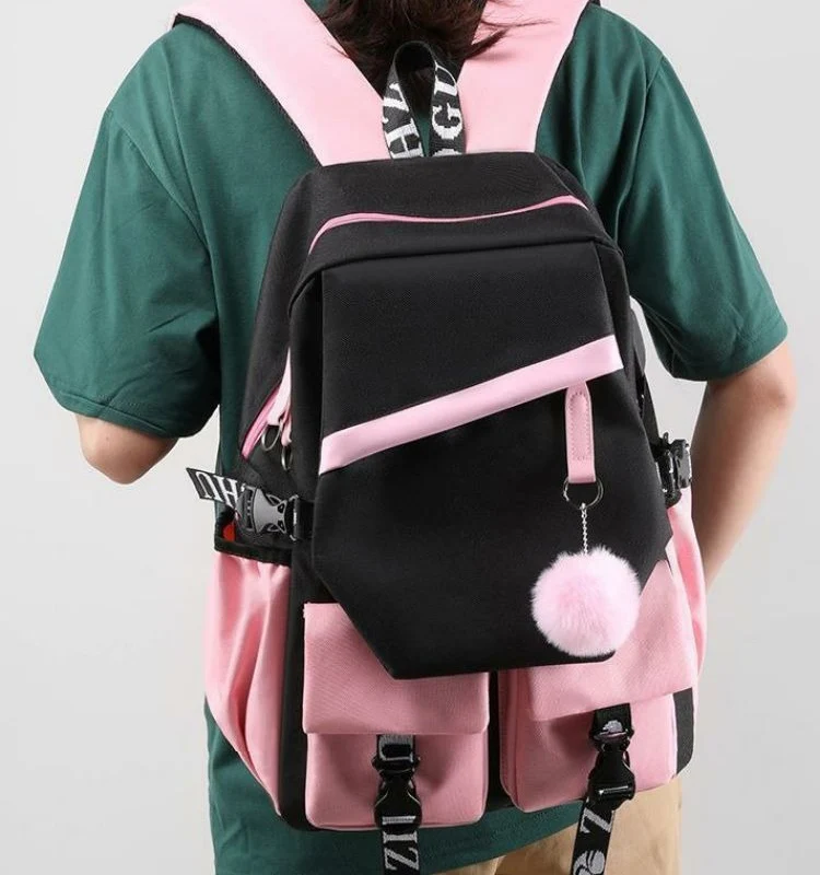 Headphone jack, With USB Port, Black Pink, Labubu, Student Kids Teens School Bags, Large Capacity Anime Backpacks Girls Boys