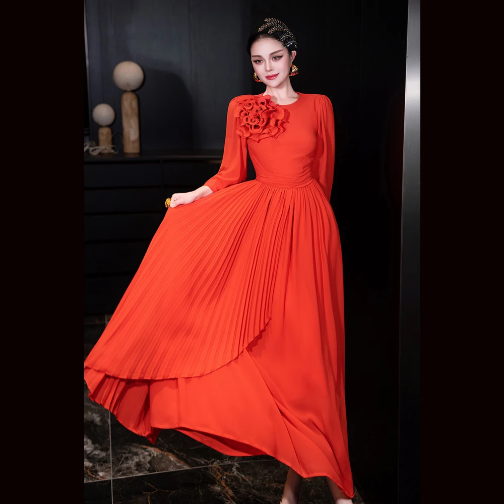 

Meyyithun Women's Dress Temperament Elegant 3D Flower O-Neck Long Sleeve Pleated Dresses Female Party Dress Lady Clothing