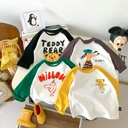 Children Long Sleeved T-shirt  Autumn Color Blocked Raglan Sleeves Boys Sports Shirt 3-8 Years Old Cartoon Printed Girls Top