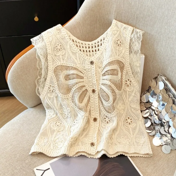 ฤดูร้อนปักเสื้อผู้หญิงแขนกุดดอกไม้ Hollow Out เสื้อ V คอ Patchwork ลูกไม้ถักเสื้อกั๊กเสื้อสเวตเตอร์ถัก