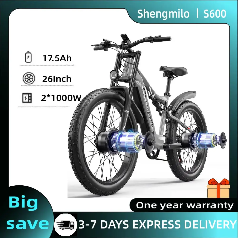 VTT électrique Shengmilo S600 adulte 2000W avec deux moteurs, batterie 48V840WH, pneus larges 26 pouces, tout-terrain
