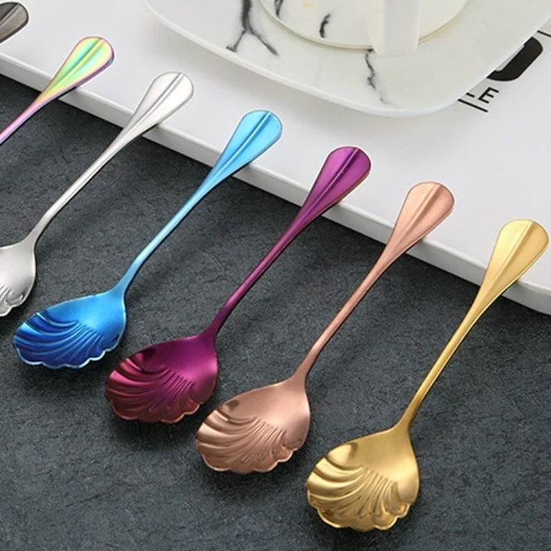 Shell Shape Stainless Steel Spoon with Long Handle Restaurant Dessert Spoon Ice Cream Scoops Kitchen Accessories  Tiny Spoon