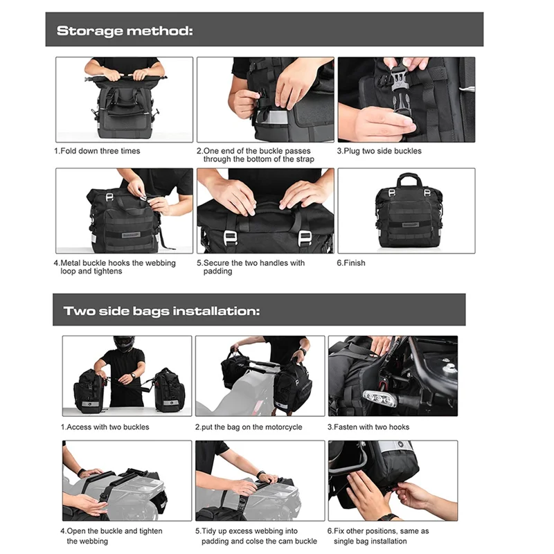 Rhinowalk-Universal Motorcycle Side Saddle Bag, saco interno impermeável removível, bagagem de moto ao ar livre, preto, 20L