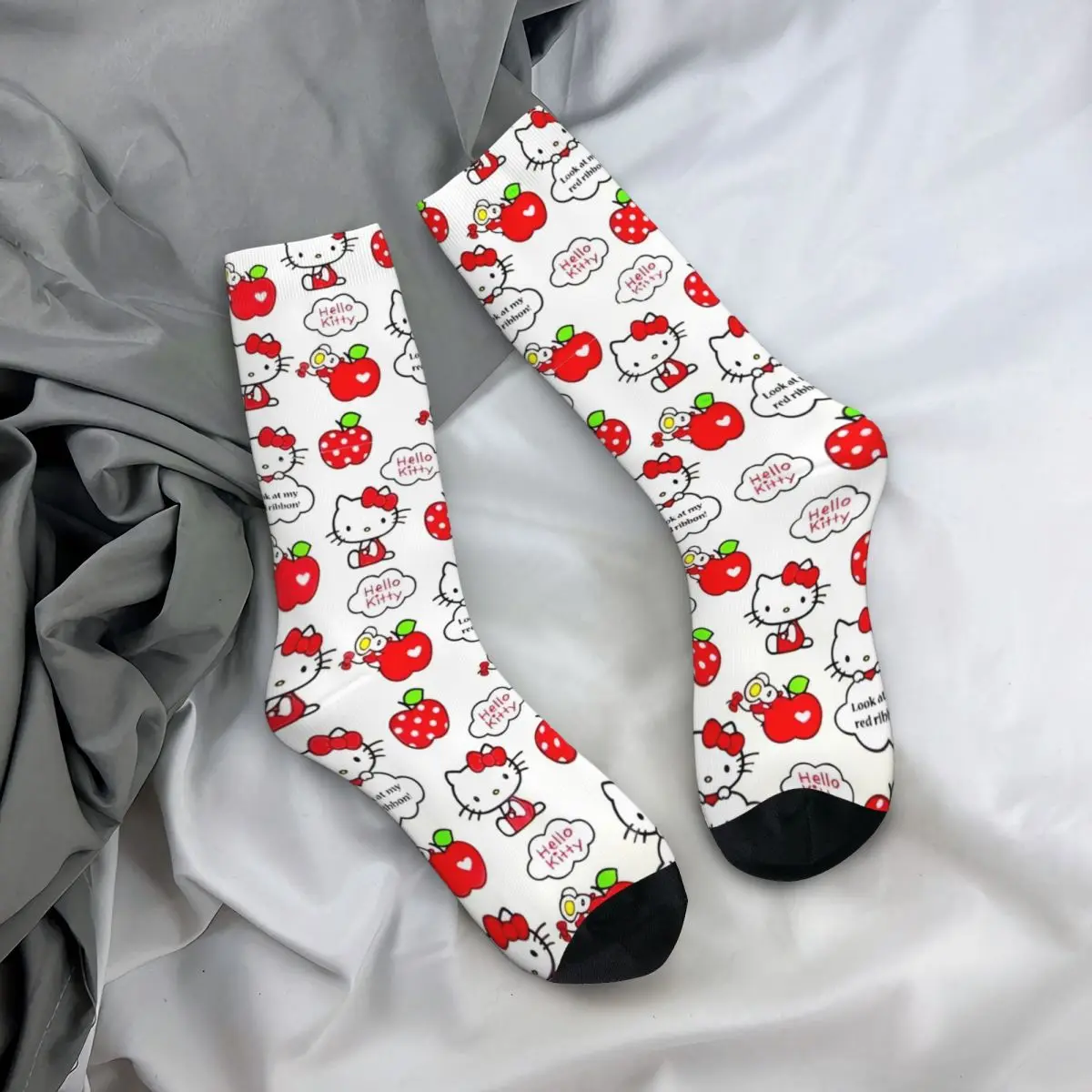 Polyester Crew Socks para homens e mulheres, Hello Kitty, Apples Ribbon, Crazy Design, oficial