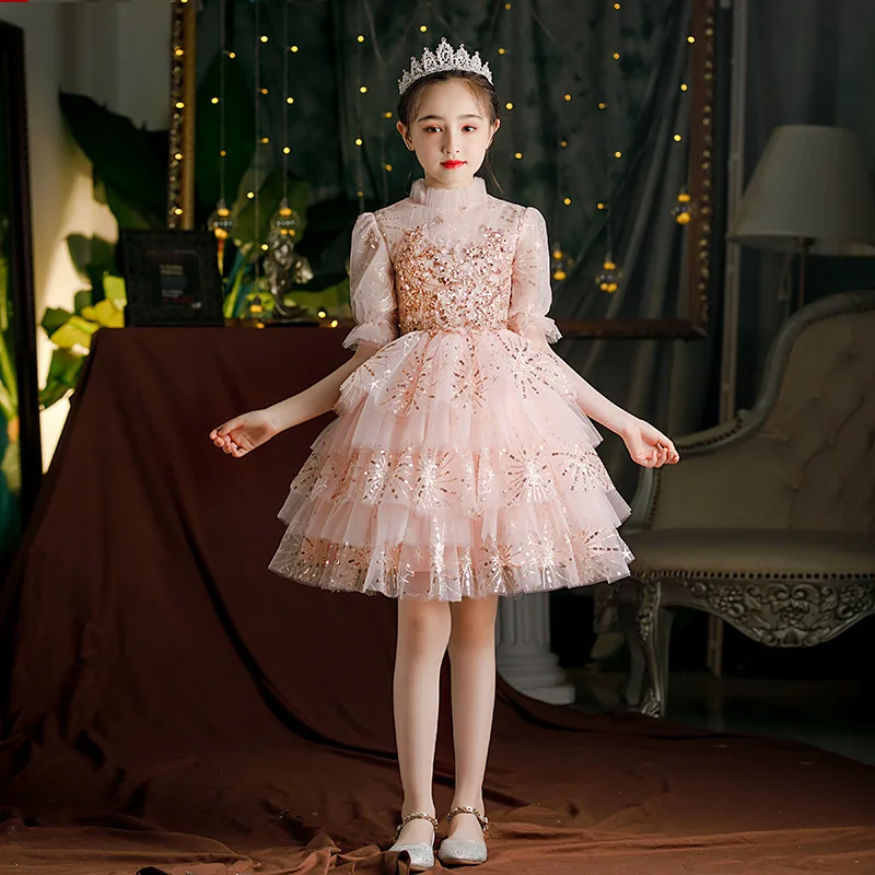 Teen Girls Formal Party Gown Kids Sequin Tutu Princess Dress Little Girls Cocktail and Evening Dresses Pink Classic High Low