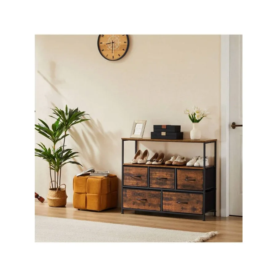 Sweetcrispy TV Stand Dresser For Bedroom With 5 Fabric Drawer, Entertainment Center For 45 Inch Television, Media Console Table