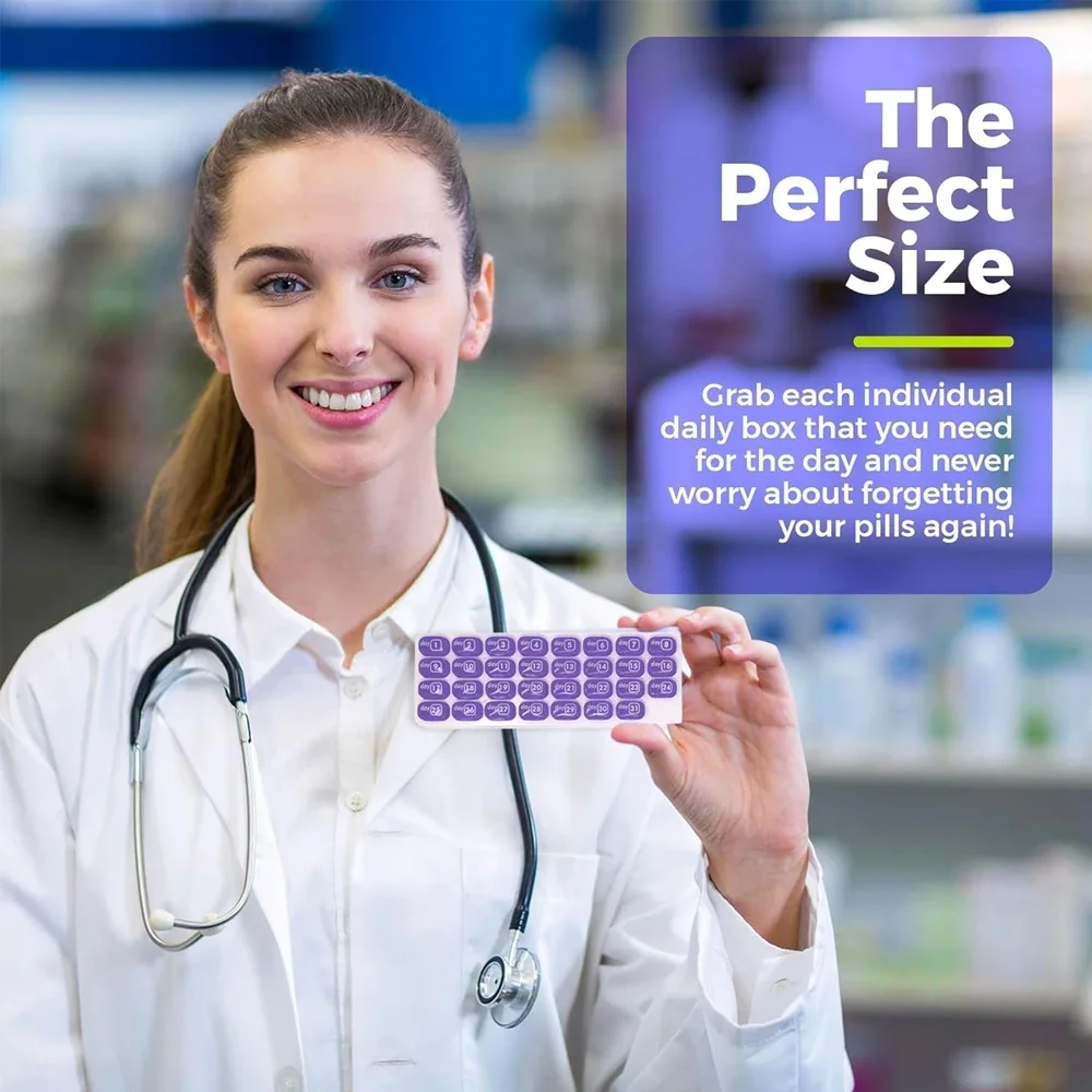 1 قطعة منظم حبوب الشهرية لمدة 31 يومًا، حامل صندوق أدوية حبوب الدواء المحمول للطب اليومي/فيتامين/زيوت الأسماك/الملحق