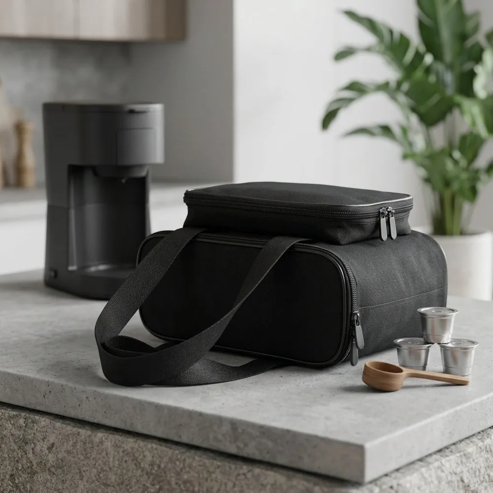 Sac de transport pour cafetières à dosette avec coutures renforcées et fermeture éclair à glissement fluide pour un emballage et un déballage fréquents