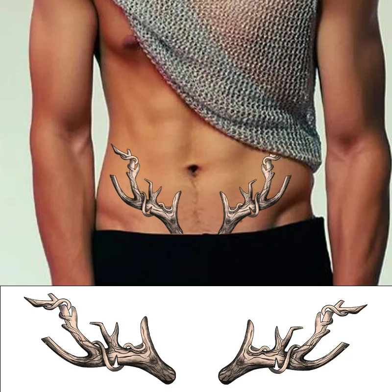 Men's Large Deer Antlers Tattoo Sticker, Sweat Resistant, Waterproof, Long-Lasting, Waist and Abdomen Temporary Sticker