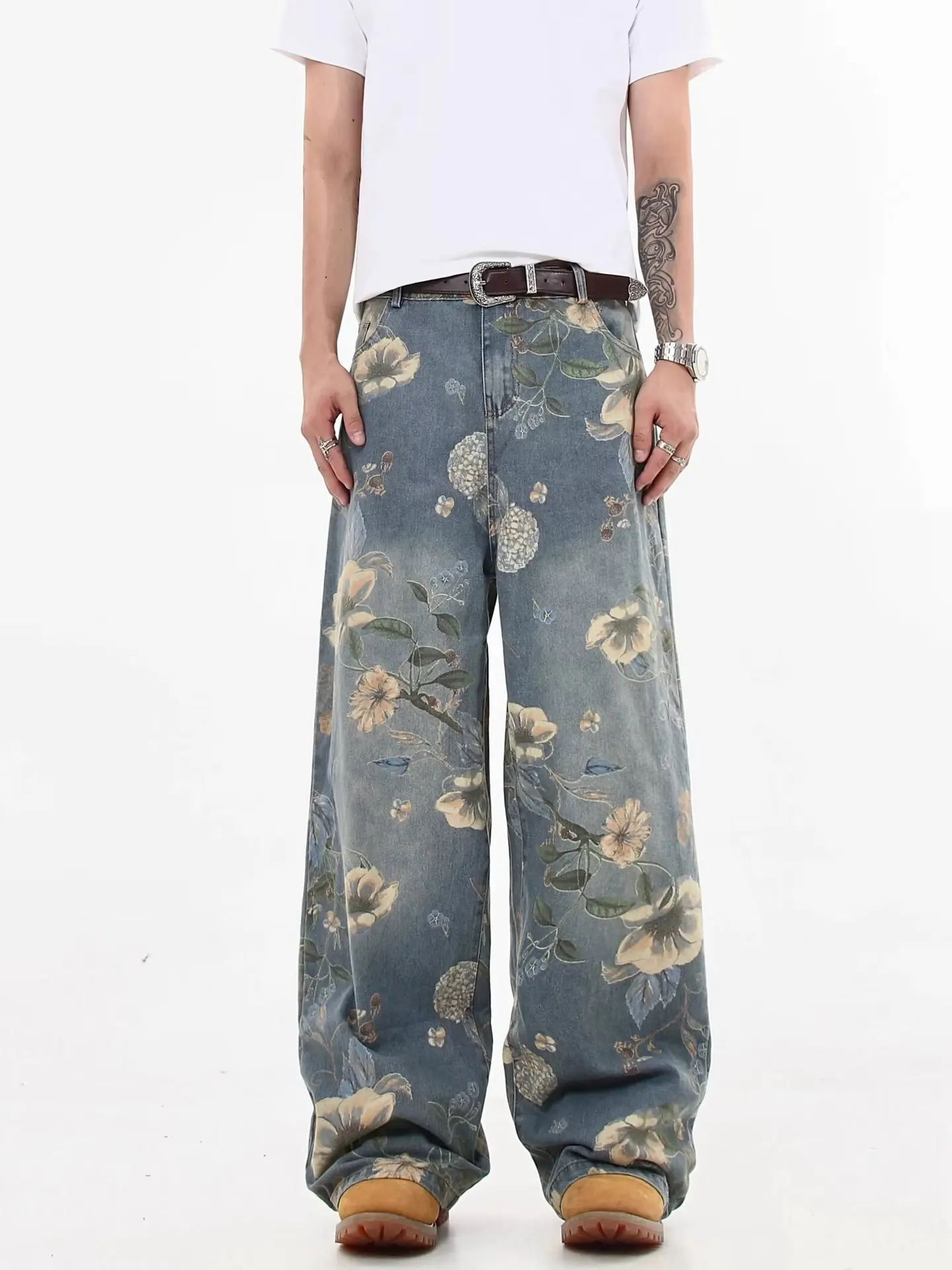 

Spring Summer Men's Printed Jeans American Fashion High Street Straight Leg Denim Pants Casual Retro Flower Pattern Blue Trouser