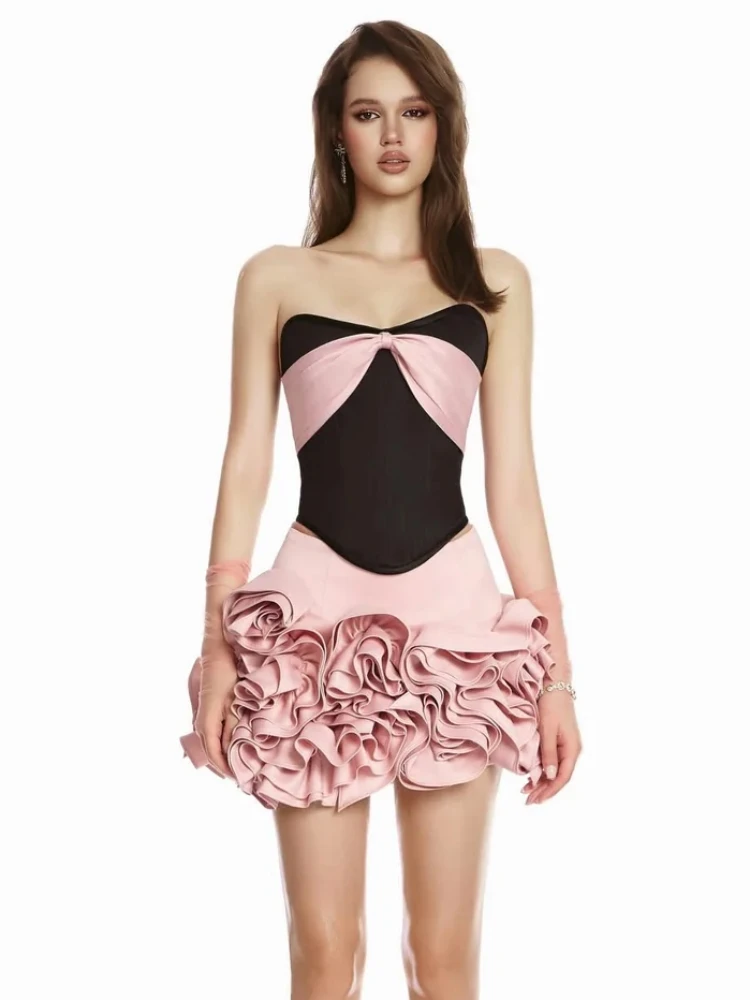 Women Flowers Skirt Two Piece Set Sexy Strapless Lace-up Color Block Crop Top + Mini Florals Skirt Suits Evening Cocktail Set