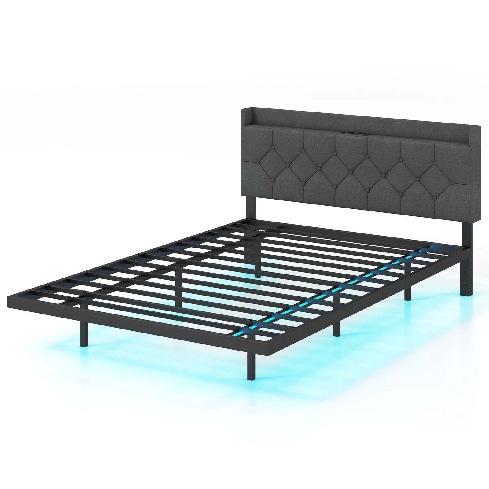 Cama de 140x200cm, estructura de cama con LED, estación de carga, cabecero tapizado ajustable, marco de listones