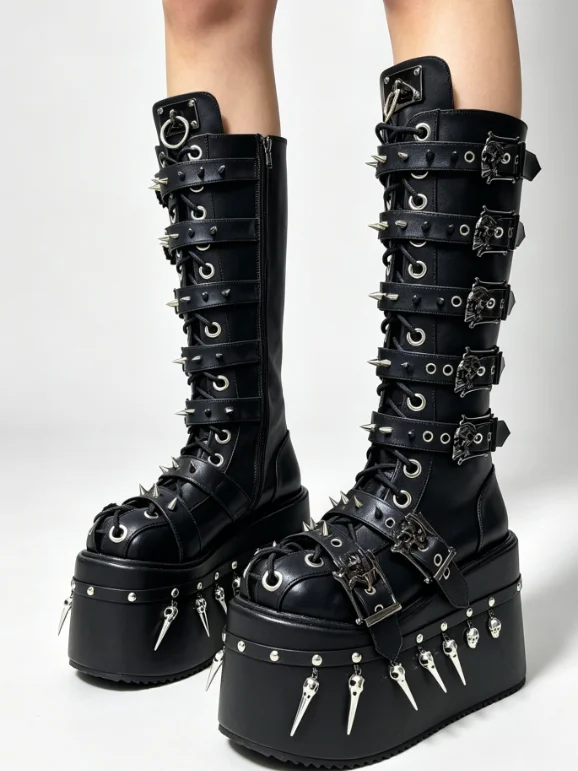 2026 Gothic Black Platform Knee High Boots Women Skull Spike Rivet Multi Buckle Straps Lace Up Side Zip Punk Cosplay Tall Boots view 5