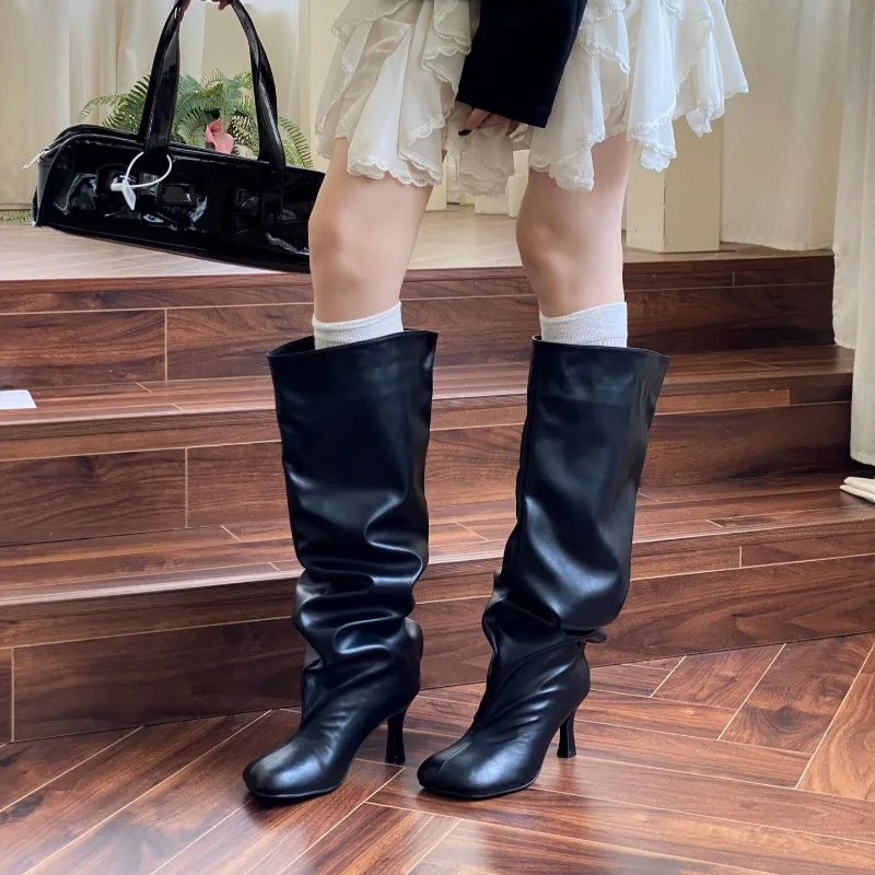 Retro Women Knee High Boot Fashion Stack Slouch Boots Elegant Square Head High Heeled Boots for Woman Designer Shoes Botas Mujer