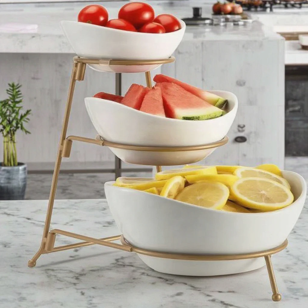 Ceramic Fruit Plate 3-Layer Oval Bowl Set with Metal Rack, Habilife Triple Ceramic Fruit Plate Service Layered Serving Rack